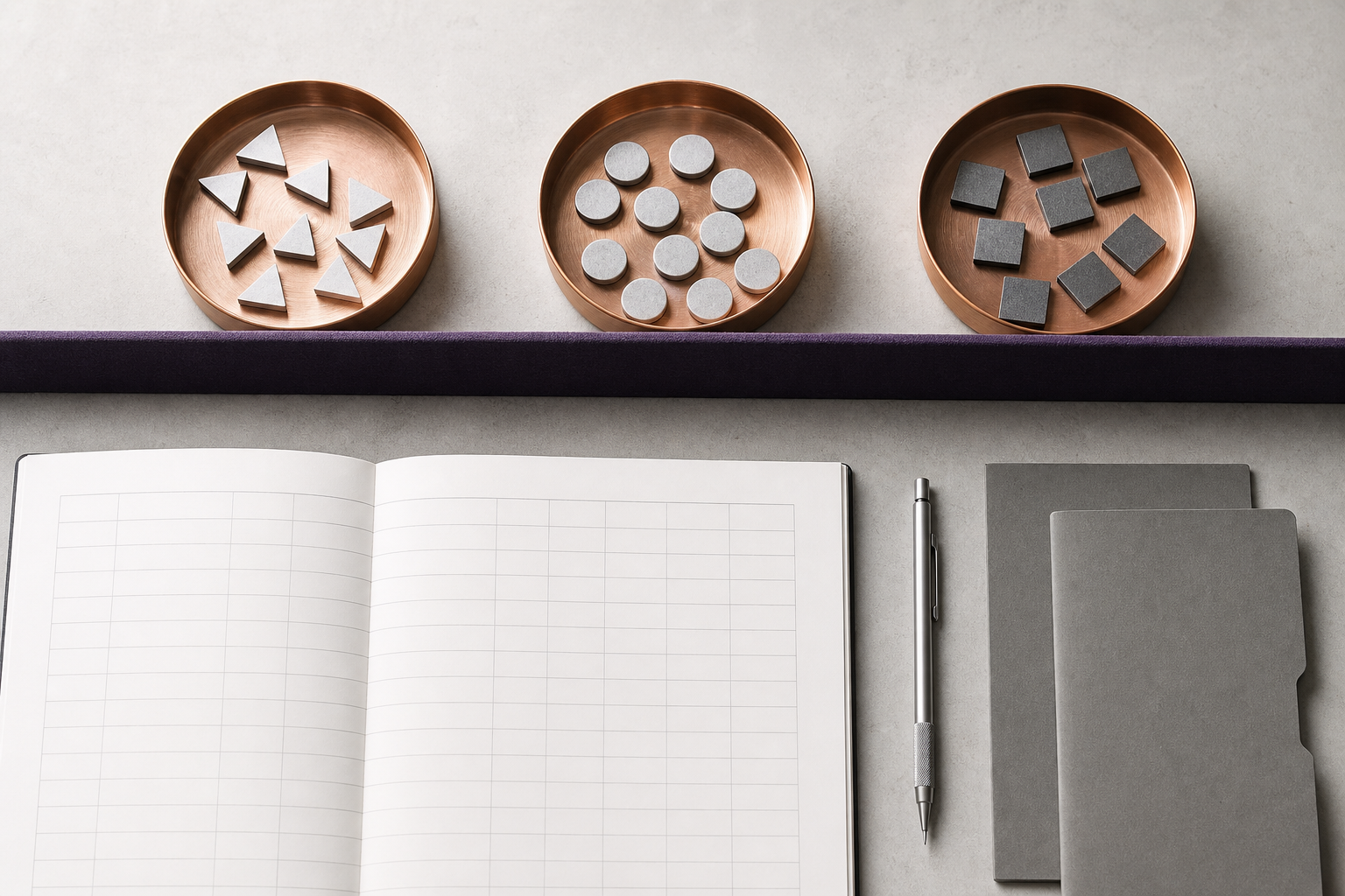 Drie koperen schalen met geometrische schijven boven een blanco kasboek en grijze mappen