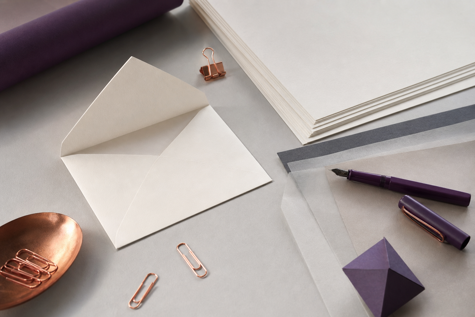 Open blanco envelop met paarse vulpen, koperkleurige paperclips en lagen briefpapier